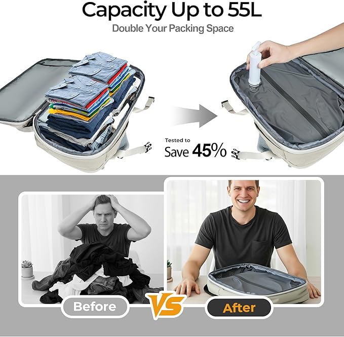 Vacuum Compression Backpack for Travel, Carry on Backpack with Vacuum System & Pump, Packs Like 55L for 5-7 Day Trips, Fits 17" Laptop, Water-Resistant Business Travel Backpack for Men/Women