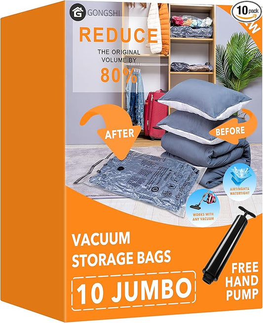 GONGSHI Vacuum Storage Bags, Space Saver Seal Bags For Clothing, Travel Luggage,Blankets, Comforters, Pillows, Clothes Storage.10 Jumbo