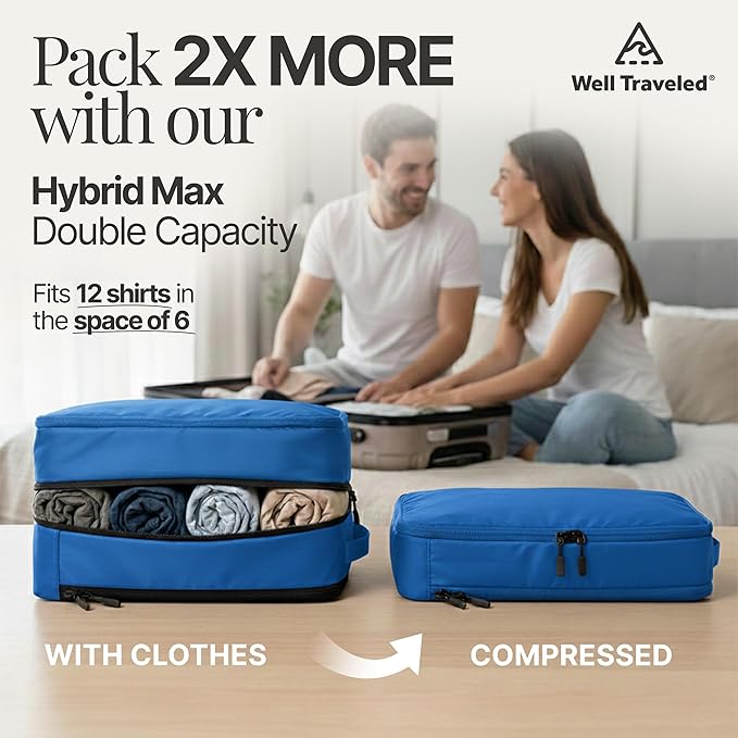 4-Piece Luxury Compression Packing Cubes & Bags for Travel – Maximize Space in Luggage with HybridMax Double-Capacity Design, 50 Luggage Tags, Patented Suitcase Organizer Bags, Lifetime Satisfaction