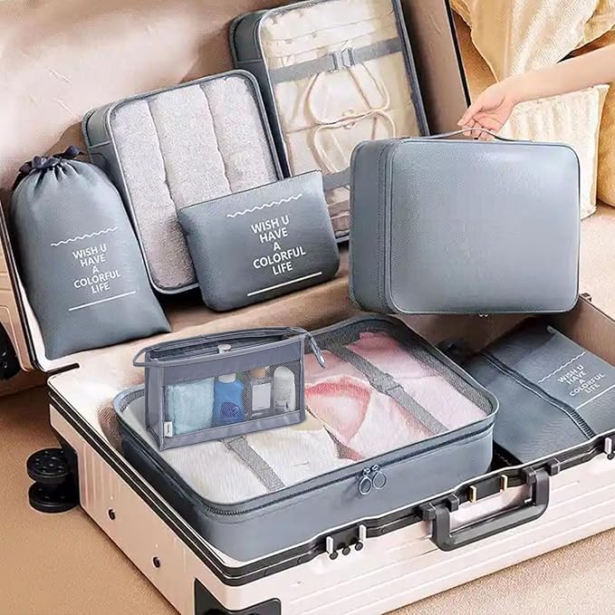 8 Set Packing Cubes for Suitcases, INVODA Travel Luggage Packing Organizers with Laundry Bag, Compression Storage Shoe Bag, Clothing Underwear Bag (Grey)