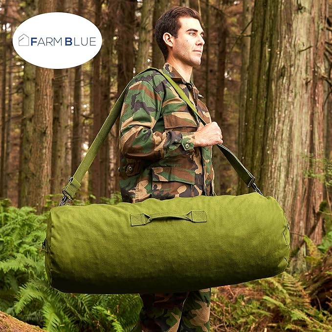 Farm Blue Brand Army GI Style Zipper Duffel Bags- Enormous 30"x50" XX Large - 3 Grab Handles and new External and Internal pockets- 18oz Canvas Duffle Bag Men and Women - XXL OD Green