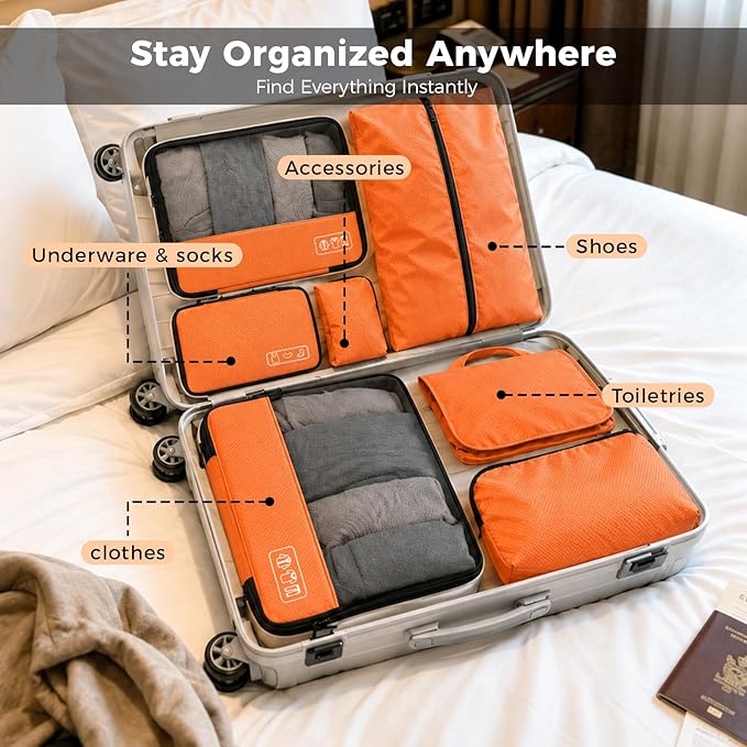 8-Piece Compression Packing Cubes for Travel, Bright & Lightweight Luggage Organizer System for Outdoor Travel & Adventure, Space Save for Backpack, Duffel Bag & Suitcase- Orange