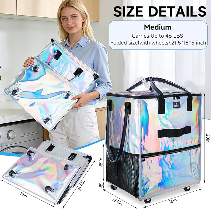 Reusable Grocery Bag On Wheels, 70L Foldable Shopping Trolley with Enhanced Stability Wheels, Water Resistant, 6 Pockets & 3-Way Carry for Outdoor, Camping, Medium, Gradient Silver