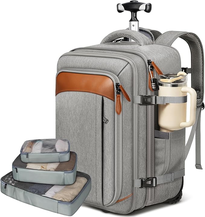 Vancropak Expandable Travel Rolling Backpack with Wheels, Airline Approved Wheeled Backpack with 3 Packing Cubes, 17 Inch Roller Carry on Luggage Suitcase Laptop Bag for Men Women, Grey