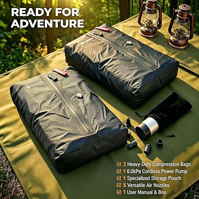 Vacuum Bags for Travel Luggage (2PCS + 6.0kPa Pump), Vacuum Clothing Compression Bag with Adjustable Shoulder Strap, 50.6L Large Capacity, IP67 Waterproof, Reusable for Carry-on Luggage & Backpack