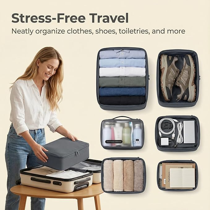6 Set Compression Packing Cubes for 7–14 Day Travel, Durable Nylon Oxford Luggage Organizers with IP6X Waterproof Toiletry Bag, Expandable Suitcase Packing System (Charcoal Gray)