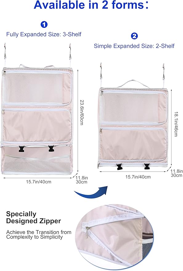 ELEZAY Hanging Packing Cubes Portable Closet 3-Shelf Travel Collapsible Compression Garment Organizer for Carry-on Luggage Suitcase Space Saver Bag XX-Large_No Side Pockets, Blush Pink