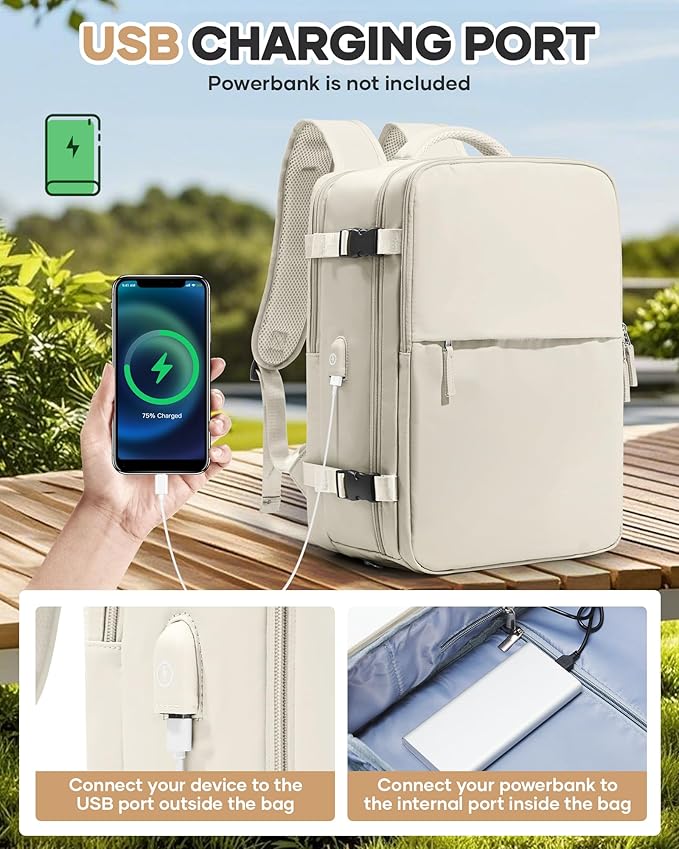 WONHOX Vacuum Seal Travel Backpack with Air Pump,Compression Vacpack Waterproof Carry On Backpack for Travel Women Men with Vacuum System,Airlines Approved Daypack Laptop Space Saver Bags,Beige