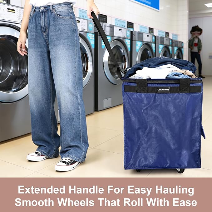 (Medium,Blue) Reusable Grocery Bag on 4 Wheels, Foldable Rolling Tote Bag with 3 Handles and Zipper, Storage Organizer for Groceries, Rolling Shopping Cart for Travel, 76lb