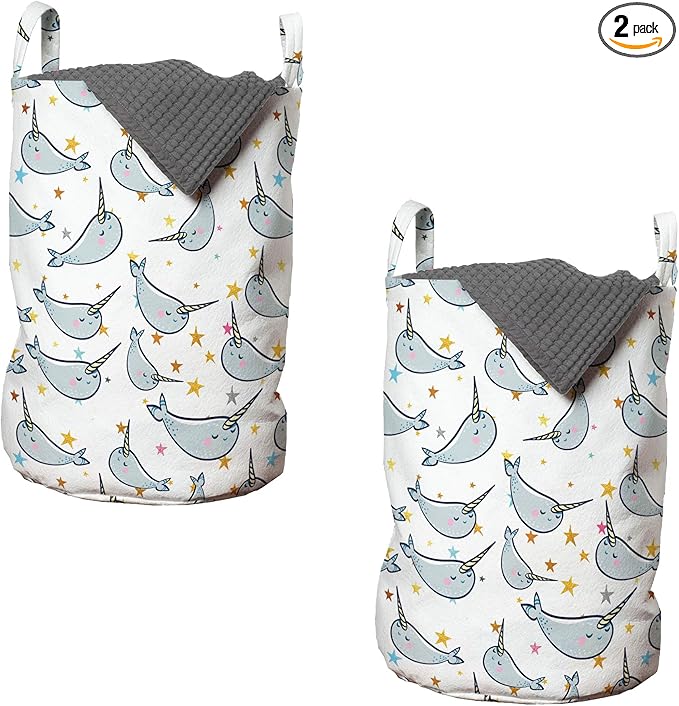 Ambesonne Narwhal Laundry Bag Pack of 2, Unicorn of the Oceans Pattern in Cartoon Style Composition Colorful Design, Hamper Basket with Handles Drawstring Closure, 13" x 19", Grey Gold