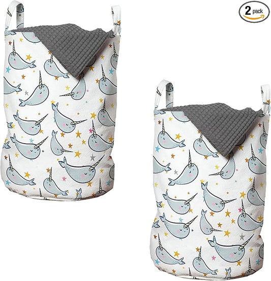 Ambesonne Narwhal Laundry Bag Pack of 2, Unicorn of the Oceans Pattern in Cartoon Style Composition Colorful Design, Hamper Basket with Handles Drawstring Closure, 13" x 19", Grey Gold