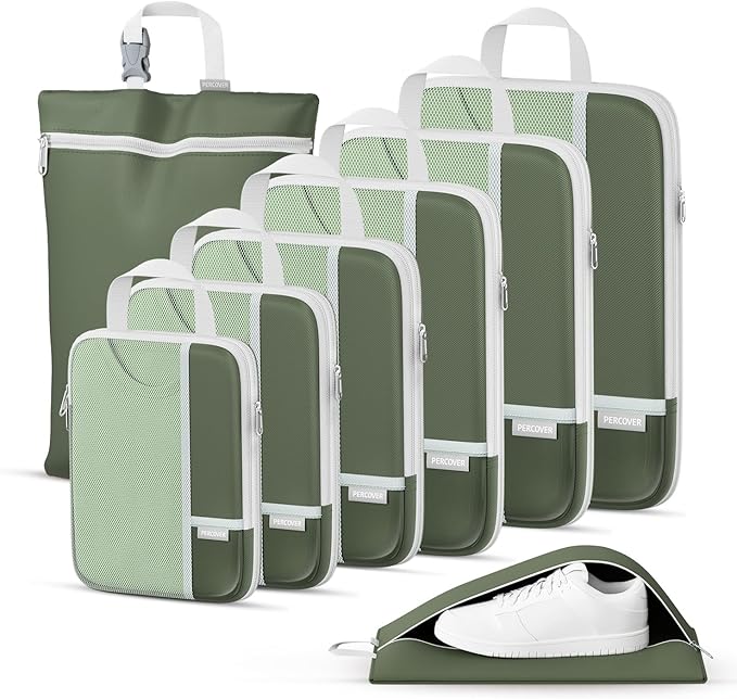 Percover Compression Packing Cubes for Travel, 8-Piece Structured Compression Organizer Set with Laundry Bag & Shoe Bag for Carry-On & Checked Luggage, Green