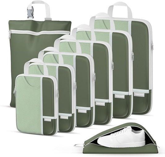Percover Compression Packing Cubes for Travel, 8-Piece Structured Compression Organizer Set with Laundry Bag & Shoe Bag for Carry-On & Checked Luggage, Green