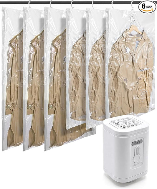BAGSMART 6 Pack Hanging Vacuum Storage Bags for Clothes, Space Saver Bags for Closet Organization, Air-tight Vacuum Sealer Bags for Heavy Coats, Suits, Dresses, Jackets, Hand Pump Included