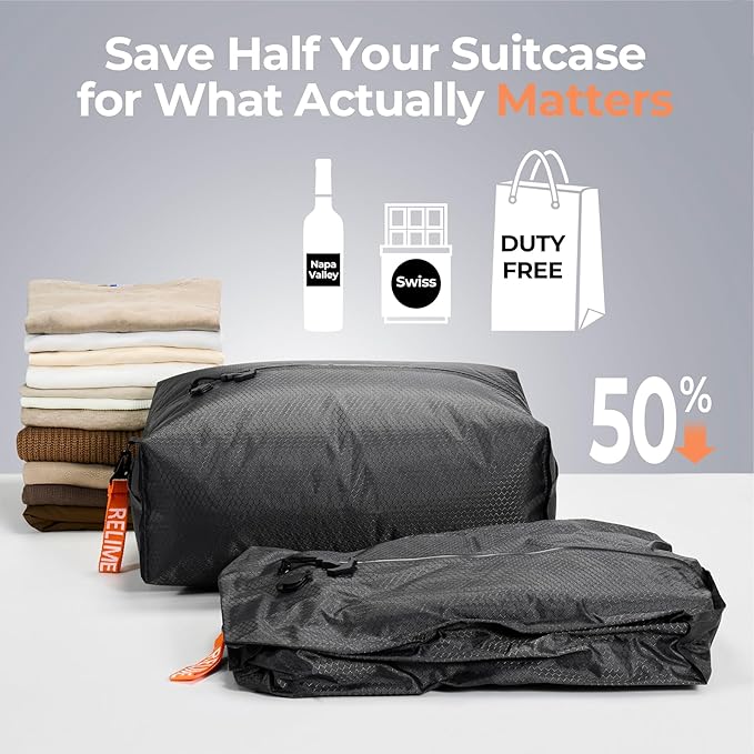 Relime Classic Series Vacuum Bags for Travel Luggage with Wireless Pump, Compression Bags for Carry On Suitcases and Backpack, Vacuum Seal Packing cube for Cloth Packing (2PC + PUMP Gray & Blue)
