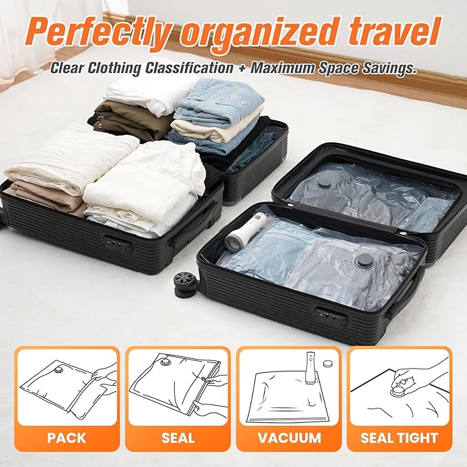 9 Pack Vacuum Storage Bags for Travel with Rechargeable Cordless Pump, Space Saver Bags for Clothes, Compression Packing Bags for Luggage and Suitcase, 9 Combo Size