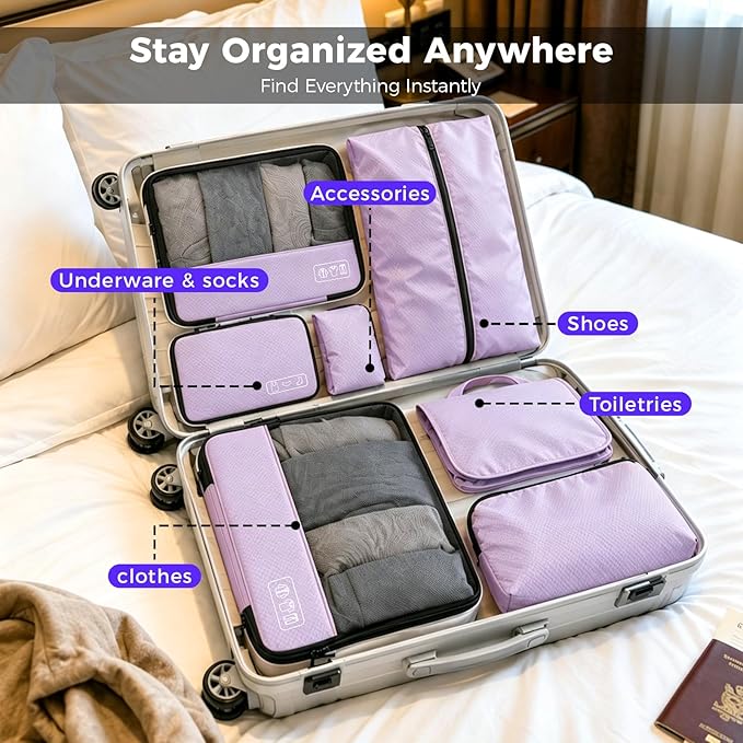 8-Piece Compression Packing Cubes for Travel, Elegant Ultralight Luggage Organizer Set for Women, Space Saving for Carry-On, Suitcase & Vacation Cruise Travel - Purple