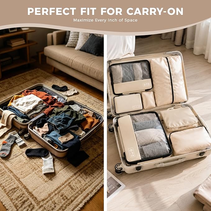 8-Piece Compression Packing Cubes for Travel, Ultralight Aesthetic Luggage Organizer Set, Space Saving Double Zipper Design for Carry-On & Suitcase Organizer, Travel Essentials- Beige