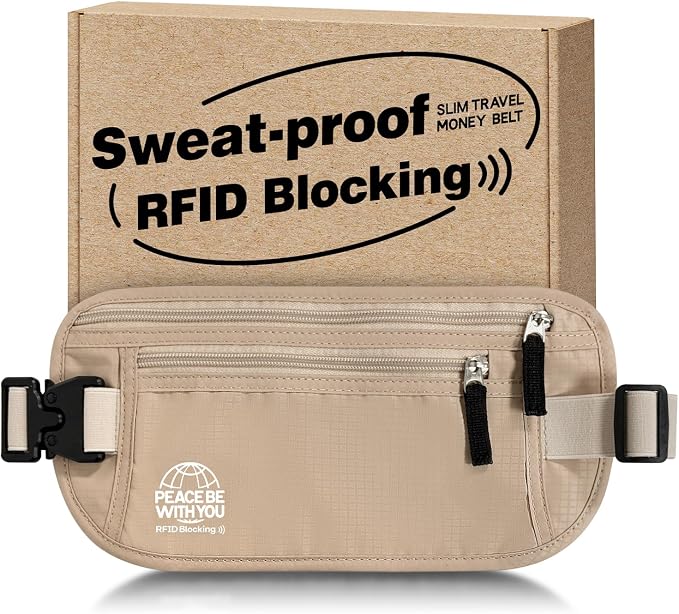 Money Belt for Travel, Passport Holder, RFID Blocking, Sweat-Proof, Beige by Bamneat