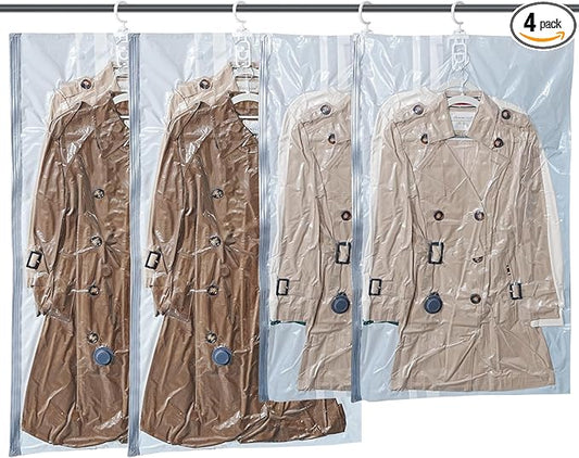 Vacbird Hanging Vacuum Storage Bags for Clothing 4 Pack Hanging Vacuum Seal Bags for Clothing Suit Bags Closet Storage, Hanging Plastic Clothes Cover for Coat, Dress, Fur, Shirt