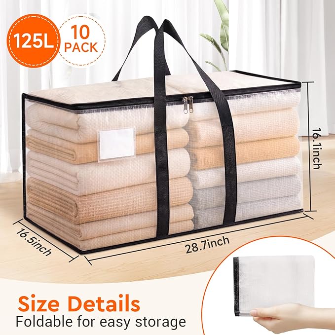 BlissTotes Clear Moving Bags Heavy Duty, 93L Extra Large Storage Bags with Zipper & Reinforced Handles, Waterproof PP Moving Totes for Clothes, Bedding, Comforters, Space Saving Storage (8 Pack)