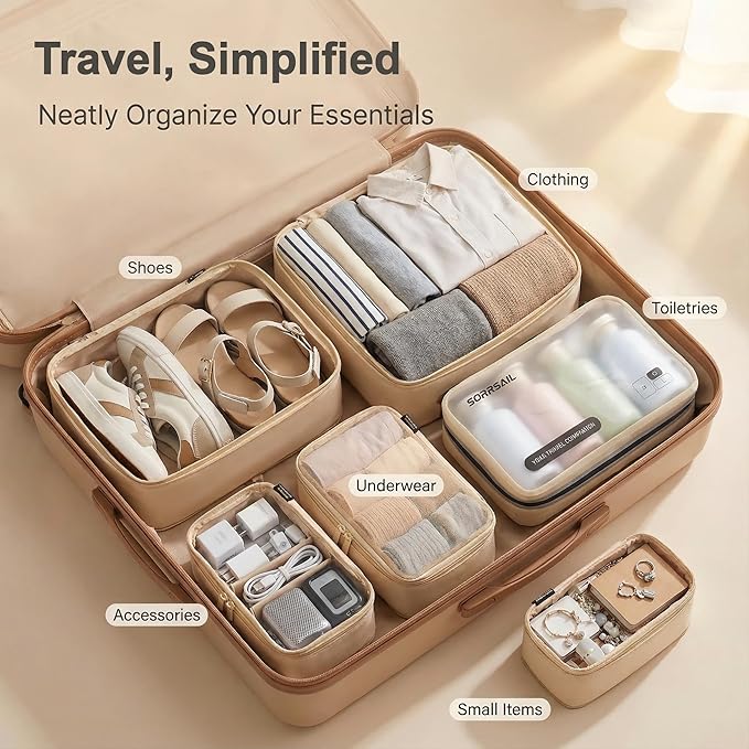 6 Set Compression Packing Cubes for 7–14 Day Travel, Durable Nylon Oxford Luggage Organizers with IP6X Waterproof Toiletry Bag, Expandable Suitcase Packing System (Mist Khaki)