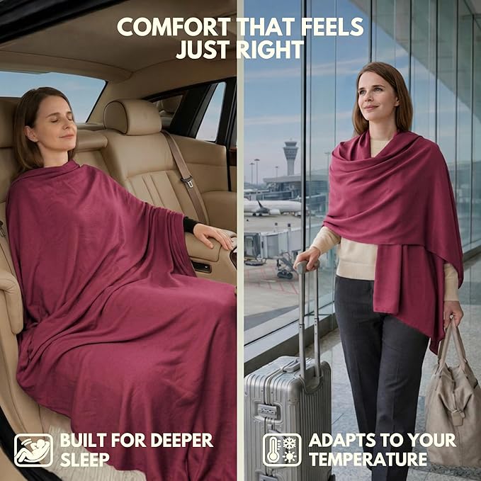 16-in-1 Compact Travel Blanket with Bag – Reversible, Ultra Soft Bamboo Airplane Blanket with Hidden Pocket – Packable for Flights & Travel Essentials (Semi-Weighted, Double Layer)