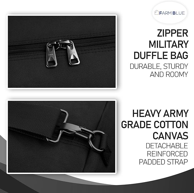 Farm Blue GI Style Zipper Duffel Bag - Large Heavy Duty Army Duffle Bag - Military Grade Cotton Canvas Duffel Bag - Reinforced Camping Bag - Strong Zipper, Center Grab Handle –21” x 36” - Black