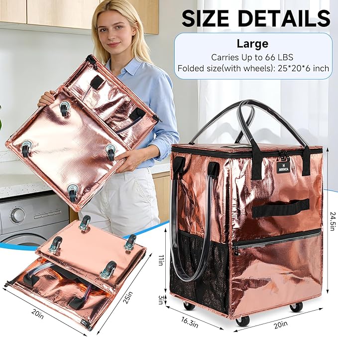 Reusable Grocery Bag on Wheels, 130L Large Capacity Foldable Shopping Trolley Cart with 5 Swivel Wheels, Multiple Pockets, Zipper Closure & Heavy Duty Handles, for Shopping, Travel, Large, Rose Gold