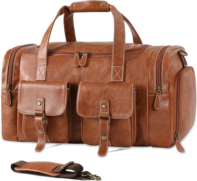 Zeroway PU Leather Travel Duffel Bag with Shoe Pouch Large Carry on Bag Waterproof Weekender Overnight Bag for Men Women Brown