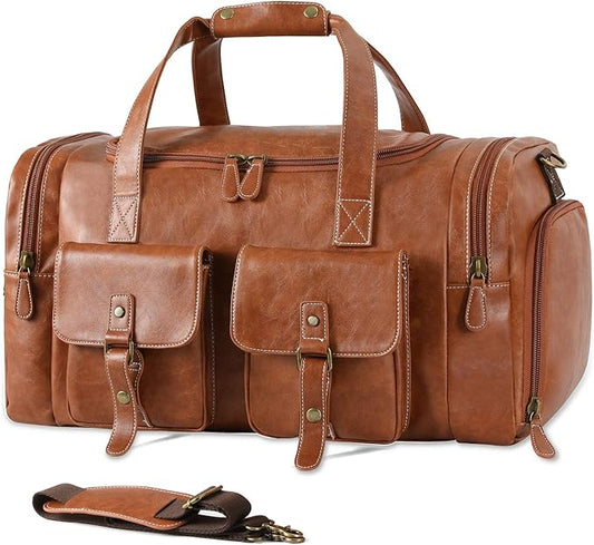 Zeroway PU Leather Travel Duffel Bag with Shoe Pouch Large Carry on Bag Waterproof Weekender Overnight Bag for Men Women Brown