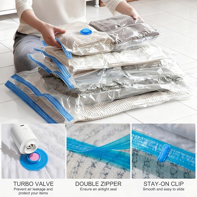 14 Pack Travel Vacuum Bags With Wireless Pump, Portable Compression Bags for Travel, Space Saver Vacuum Seal Bags for Clothing, Luggage, Pillows, Comforters, Reusable & Durable (14 PCS)