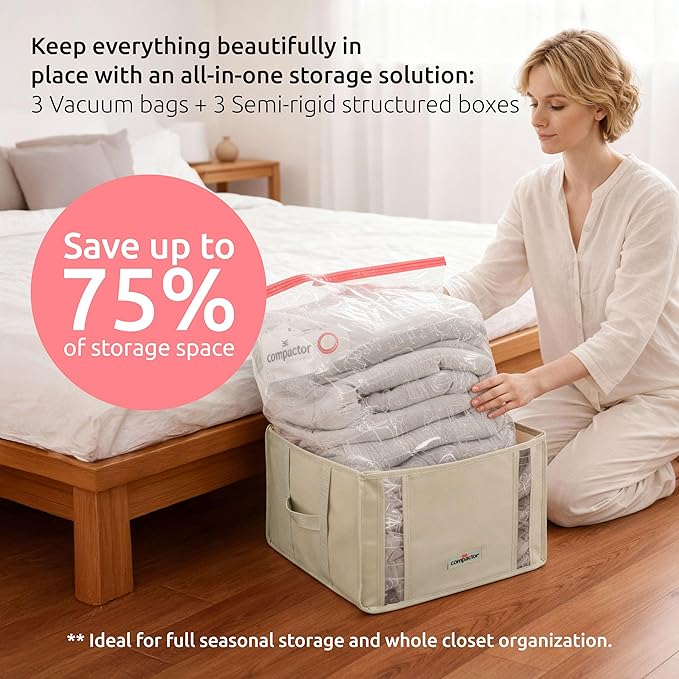 Compactor 3 Pack Vacuum Storage Bag with Semi-Rigid Box, Closet Organizer, Vacuum Seal Bags for Clothing and Bedding, Fits All Vacuum and Nozzle Types, 210L, Beige, XXL
