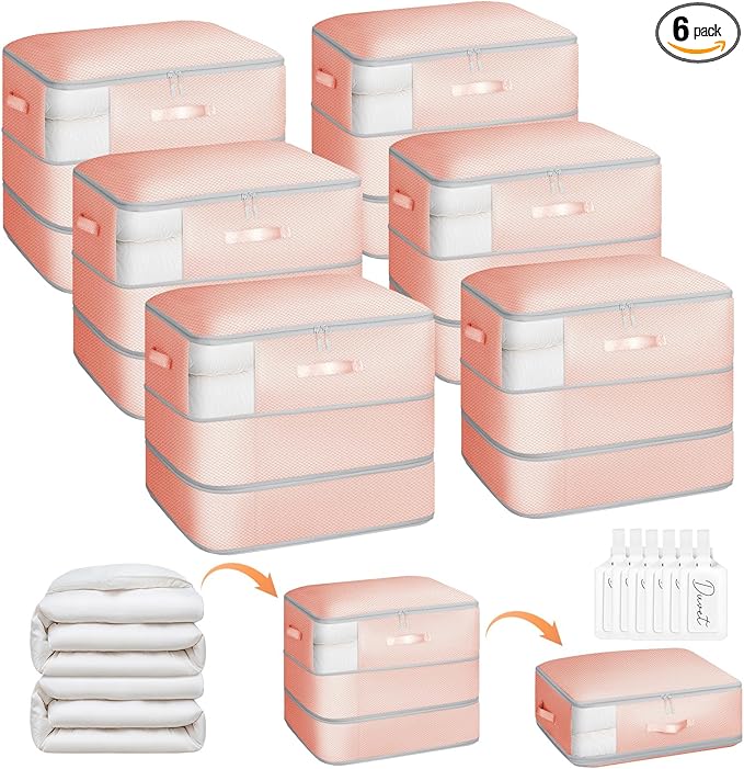Homsorout 6 Pack Compression Storage Bags - 110L Large Capacity Comforter Storage Bag, 3-Layer Washable Ultra Space Saving Self Compression Organizer Space Bags for Blankets, Sweaters, Sheets, Pink