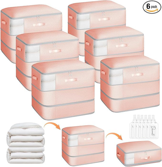 Homsorout 6 Pack Compression Storage Bags - 110L Large Capacity Comforter Storage Bag, 3-Layer Washable Ultra Space Saving Self Compression Organizer Space Bags for Blankets, Sweaters, Sheets, Pink