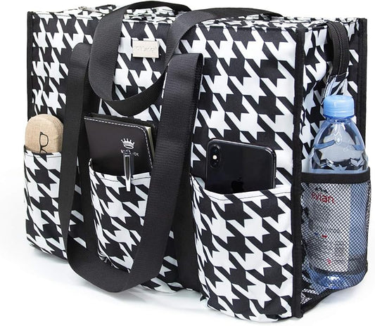 TOPDesign Utility Water Resistant Tote Bag with 13 Pockets, Top Zipper Closure & Thick Bottom Support, for Working Women