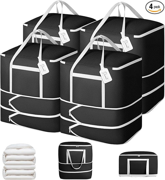 Comforter Storage Bag - 120L Bedding Storage Bags for Moving Closet, Washable Blanket Storage Bag, Ultra Space Saving Self Compression Organizer, 4-Pack, Black