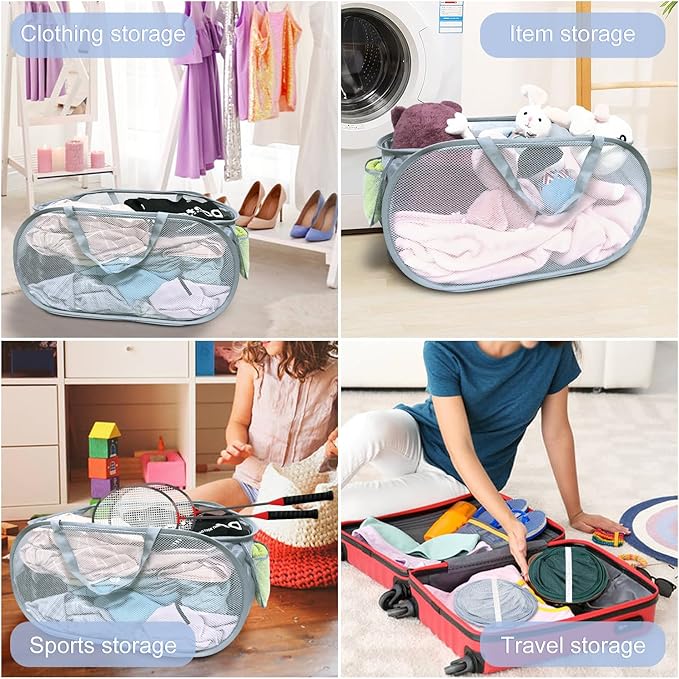 4PCS Mesh Laundry Hamper,Collapsible Laundry Baskets,75L Large Foldable Dirty Laundry Clothes Hamper Storage Basket Horizontal with Side Pocket&carry Handle for Home Travel grey Emerald
