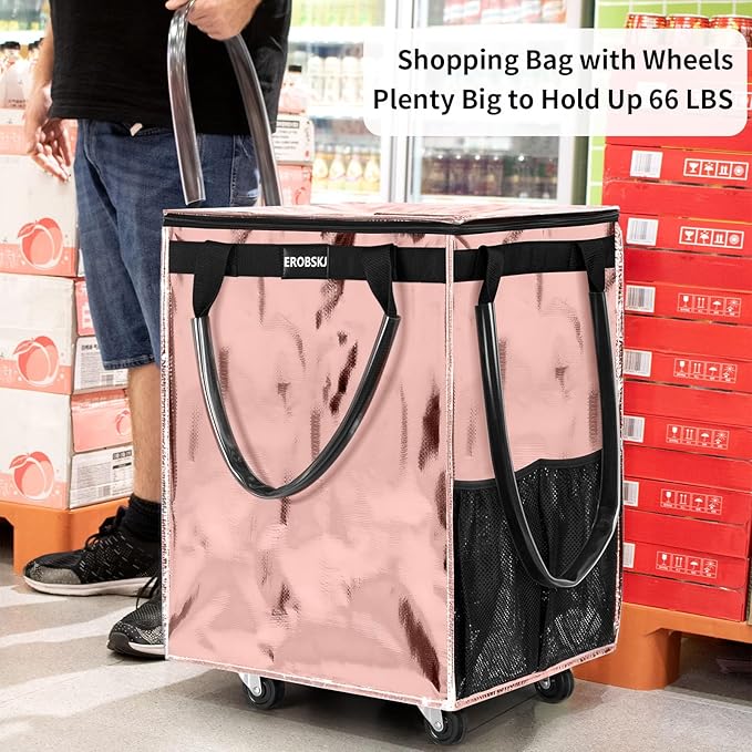 (Medium,Rose Gold) Reusable Grocery Bag on Wheels, 70L Foldable Rolling Tote, Carries Up to 66 lbs Shopping Trolley, Zipper Clouser Shopping Carts for Trips, Laundry, 4 Heavy Duty Wheels and 3 Handles