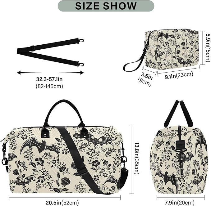 Goth Bat Quilted Travel Bags Weekender Duffle Bags With Toiletry Bag Carry on Overnight Duffels Yoga Gym Bag for Airplanes Business Sports