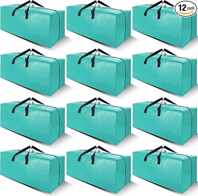 Cosy Family 12 Pack Heavy Duty Extra Large Moving Bags with Backpack Straps - Strong Handles & Zippers, Storage Totes For Space Saving, Fold Flat, Alternative to Moving Box, Aquamarine