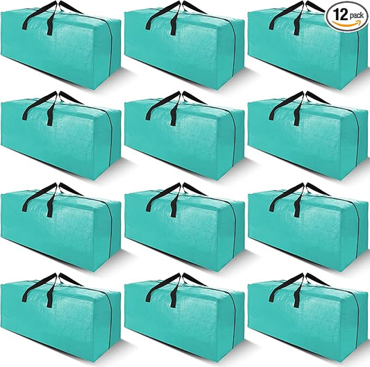 Cosy Family 12 Pack Heavy Duty Extra Large Moving Bags with Backpack Straps - Strong Handles & Zippers, Storage Totes For Space Saving, Fold Flat, Alternative to Moving Box, Aquamarine
