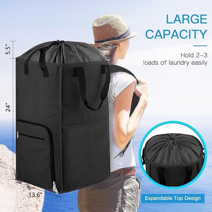 Bukere Laundry Backpack Bag, Extra Large 2 in 1 Laundry Hamper Basket for College Students Dorm Essentials, Adjustable Shoulder Straps, Freestanding Laundry Bag (Black&Black)
