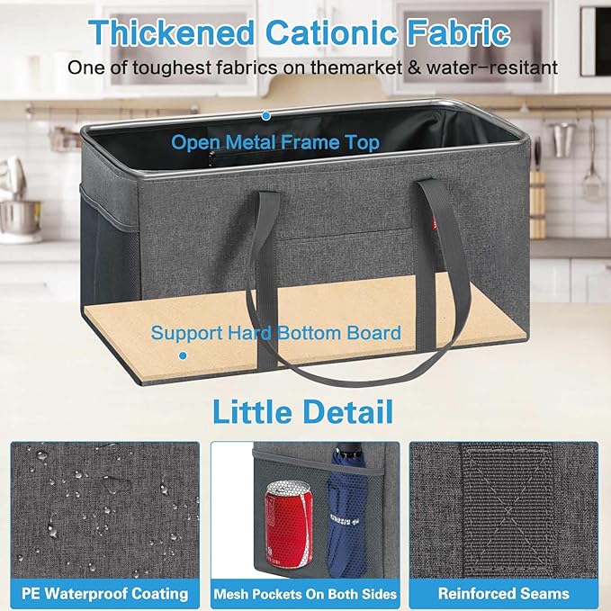 LHZK 2 Pack Extra Large Utility Tote Bag with Metal Wire Frame and the Sides Rinforced, Extra Large Tote Bag with Handle, Reusable Grocery Bags Foldable, Beach Bag, Car Tote (Gray, 26''x15''x13'')