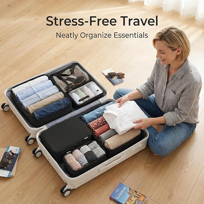 6 Set Compression Packing Cubes for 7–14 Day Travel, Durable Nylon Oxford Luggage Organizers with IP6X Waterproof Toiletry Bag, Expandable Suitcase Packing System (Jet Black)