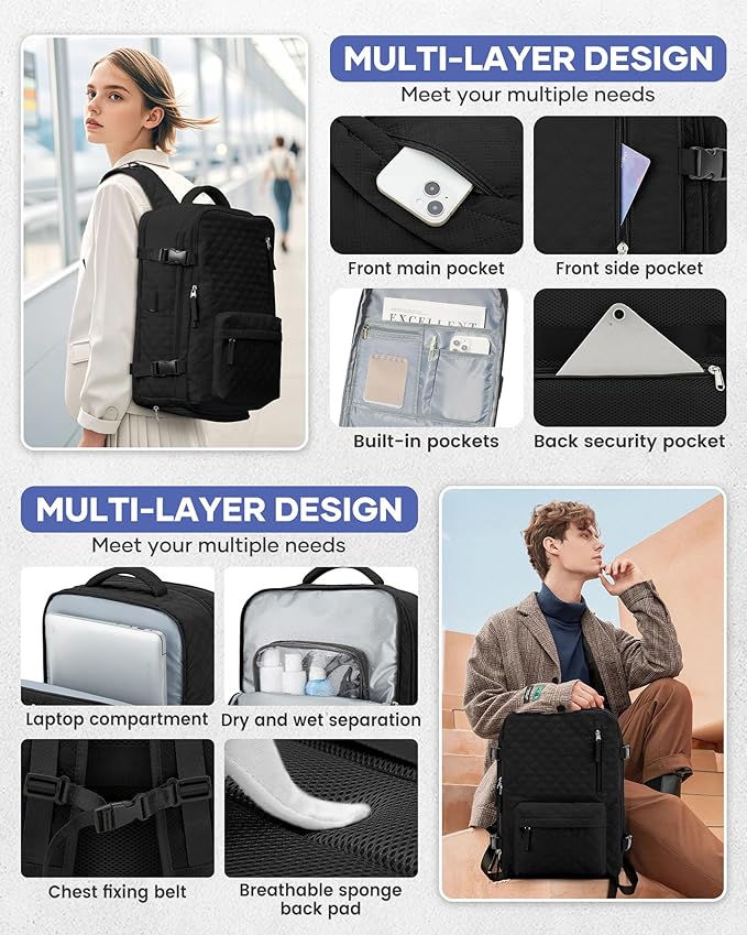 WONHOX Travel Vacuum Storage Backpack with Air Pump Vacuum Seal Compression Space Saver Bags Clothing Vacpack Travel Bag Carry on Personal item Laptop Work Backpacks Women Men Black