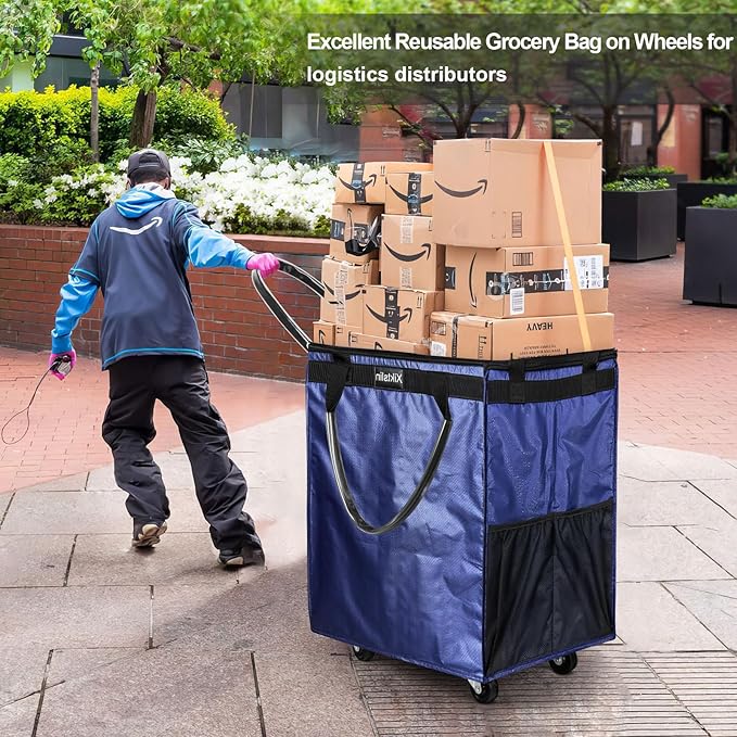 (Medium, Navy) Reusable Grocery Bag on Wheels, 70L Foldable Rolling Tote, Carries Up to 66 lbs Shopping Trolley, Zipper Clouser Shopping Carts for Trips, Laundry, 4 Heavy Duty Wheels and 3 Handles | Bag on Wheels, Foldable