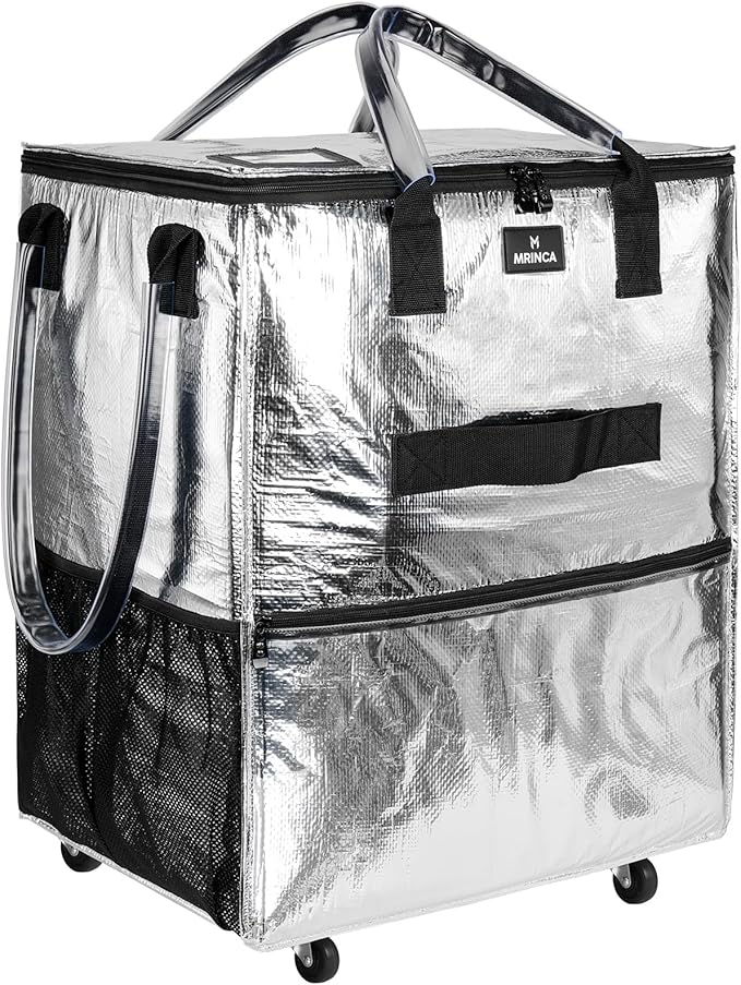 Reusable Grocery Bag On Wheels, 70L Foldable Tote with 6 Pockets, 3-Way Carry & Sturdy Handles, Zippered Top, Folds Flat for Shopping, Camping, Moving, Medium, Silver