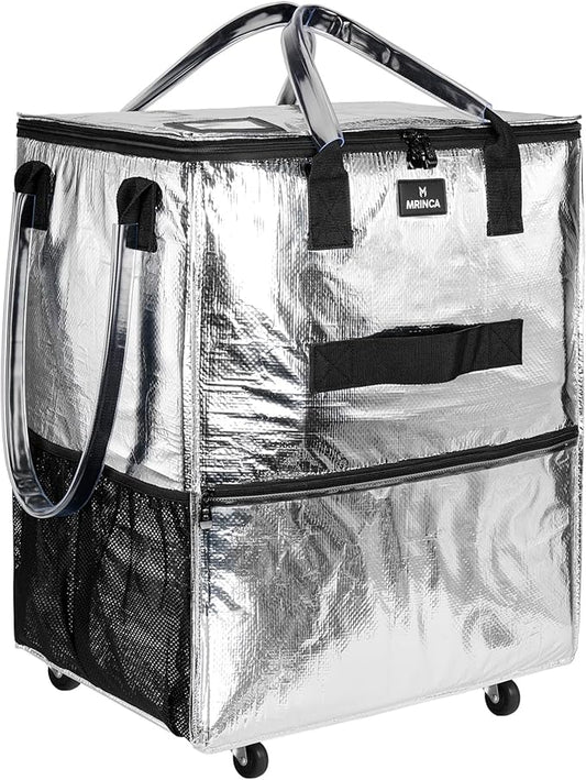 Reusable Grocery Bag On Wheels, 70L Foldable Tote with 6 Pockets, 3-Way Carry & Sturdy Handles, Zippered Top, Folds Flat for Shopping, Camping, Moving, Medium, Silver