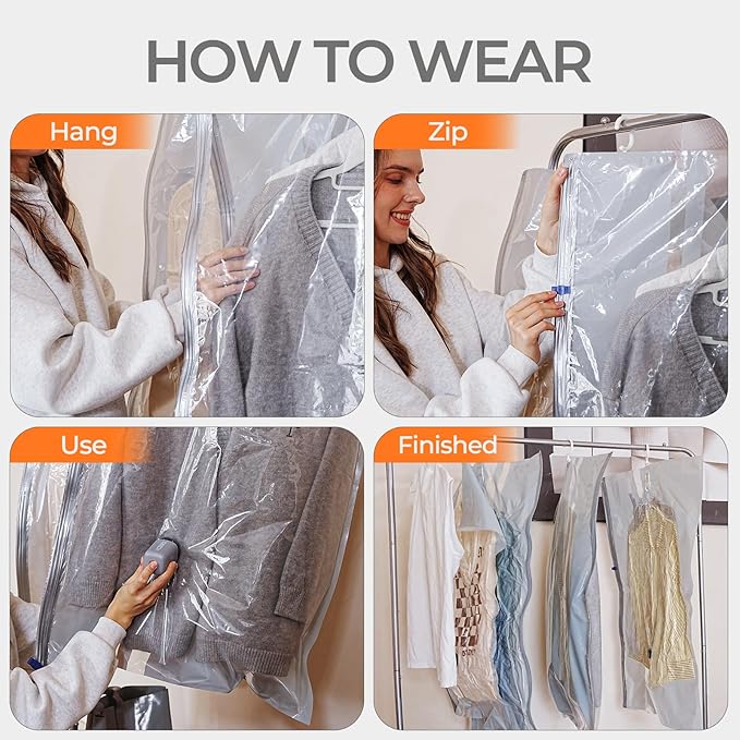 Vacbird Hanging Vacuum Storage Bags for Clothing 4 Pack Hanging Vacuum Seal Bags for Clothing Suit Bags Closet Storage, Hanging Plastic Clothes Cover for Coat, Dress, Fur, Shirt